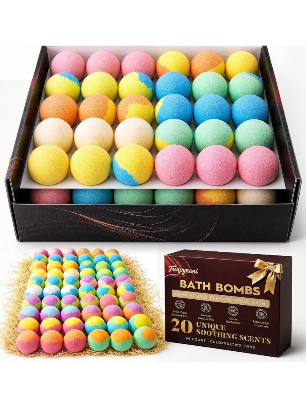 60 Mini Bath Bombs Gift Set - 20 Unique Scents, Spa Fizzies with Essential Oils